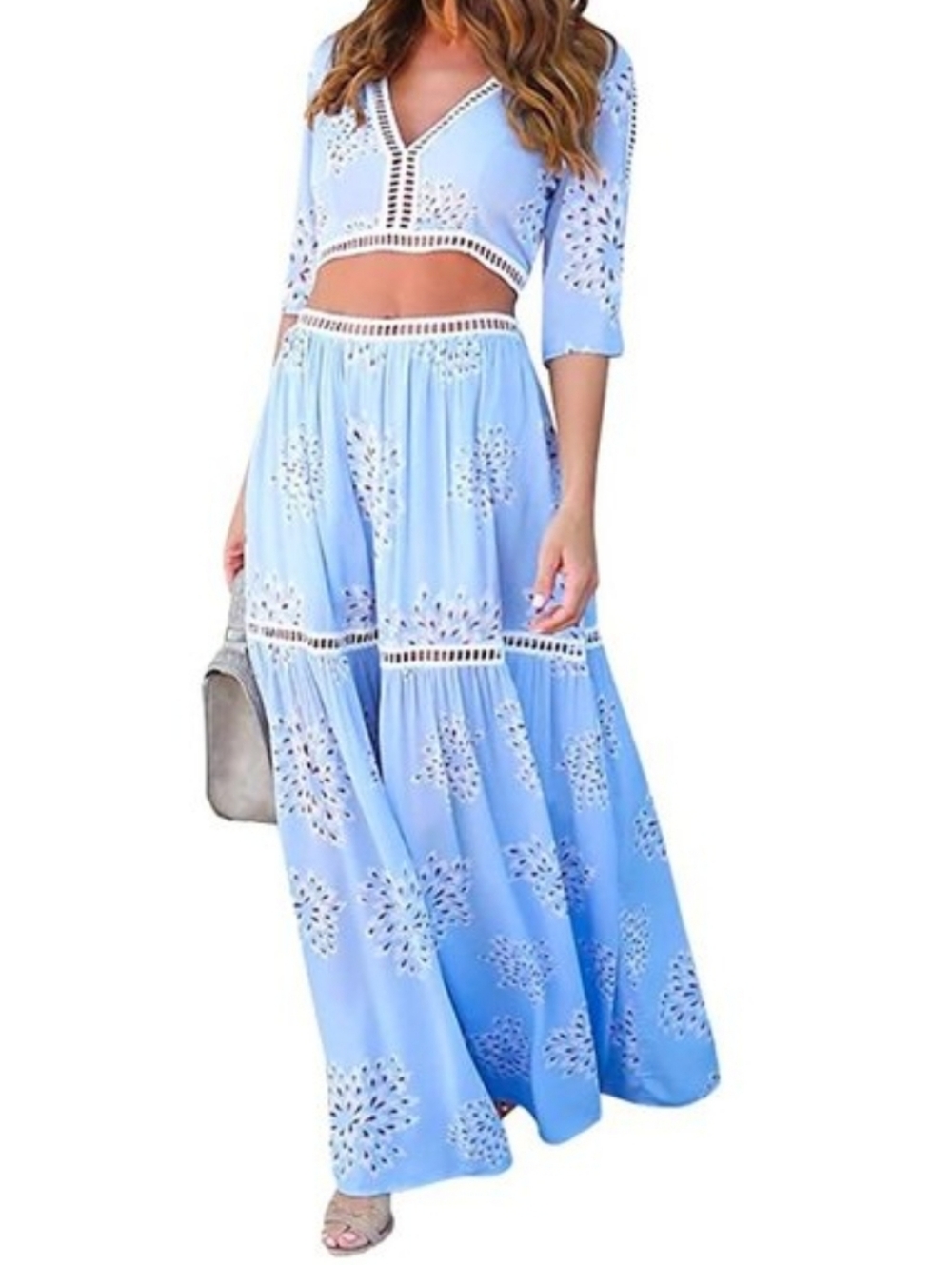 Light Blue Eyelet Maxi Set Dress with Crochet Trim